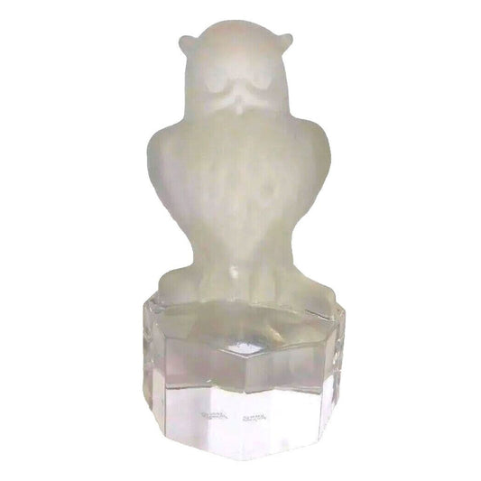 1985 Goebel Frosted Lead Crystal Owl Figurine Paperweight Clear Base Germany