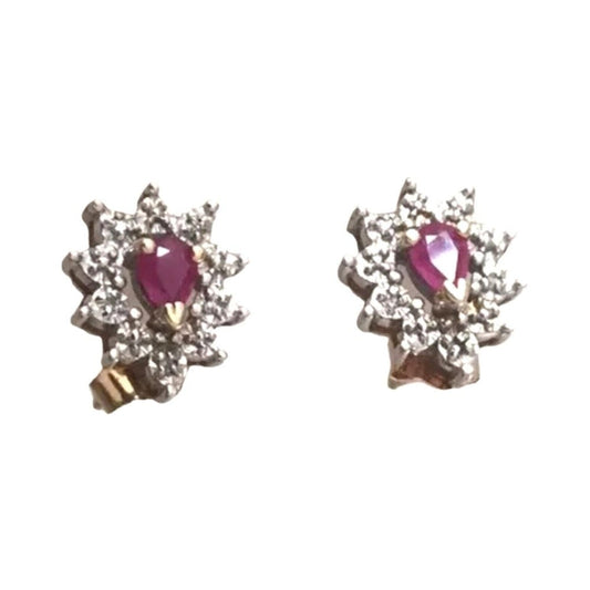 10K White Yellow Gold Genuine Ruby & Diamond Stud Earrings Screw Back Vintage