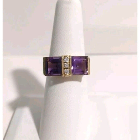 14K Yellow Gold Princess Cut Purple Amethyst and Diamond Ring Men Women Designer